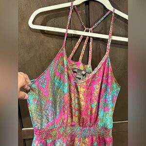 Elegant Summer Print Dress, size L, V-neck Braided Back Detail HiLo Lightweight